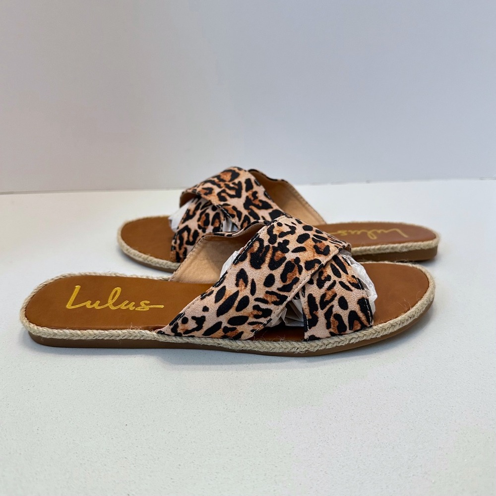 Lulus Koren Leopard Print Espadrille Slide Sandals Womens Size 8 Tan Brown Flat - Picture 2 of 6